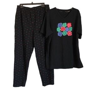 Bechamel Womens Pajama Set Sz L Black Embroidered Flowers Short Sleeve V Neck